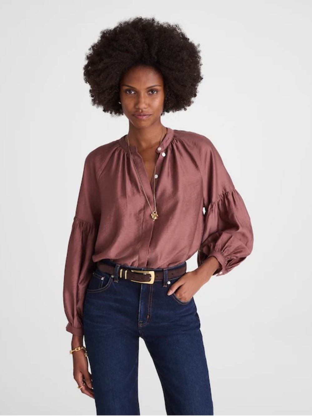 Madewell Shirred Ballon-Sleeve Top Small Burnt Soil